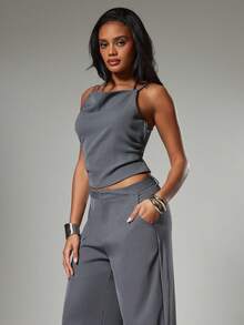 Hauture Women's Solid Color Halter Draped Casual Sleeveless Top - Grey - View 5