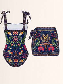 Swim Oasis 2pcs/Set Positioning Print Strap Top + Positioning Print Skirt, Summer Outfit