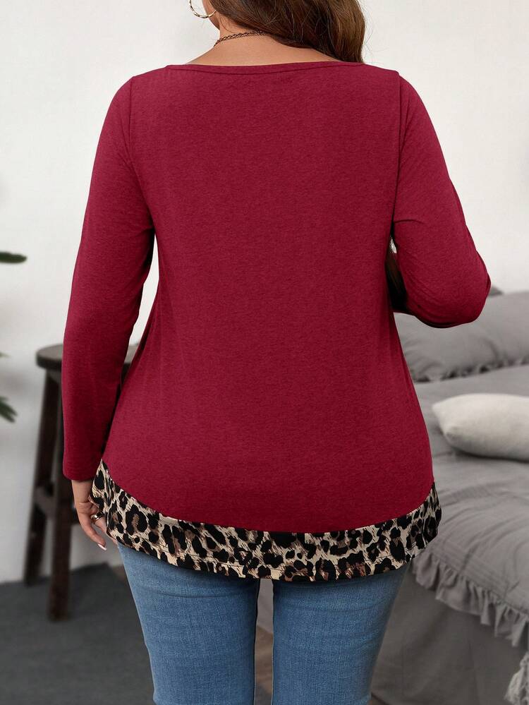 Plus Size Women Leopard Print Patchwork Button Decor T-Shirt Plus Size Red Tops Tops For Women Plus Leopard Print Top Plus Size Plus Size Casual Tops Animal Print Plus Size