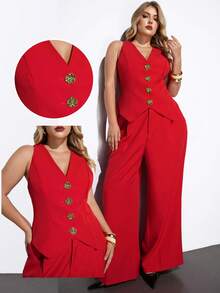Maija 大码女式金属单排扣背心和阔腿裤休闲西装套装 - 紅色 - 查看 2