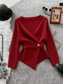 Franclia Women's Solid Color Elegant Metal Button Knit Jacket, Winter Women's Knit Jacket, Red Christmas Jacket, Suitable For Dates, Layering, Queuing, And Home Wear Red Wrap Women Wrap Jacket - Red - View 5