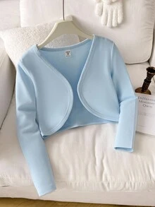 SHEIN 少女通勤休闲纯色针织长袖短款开衫 - 淺藍色 - 查看 3