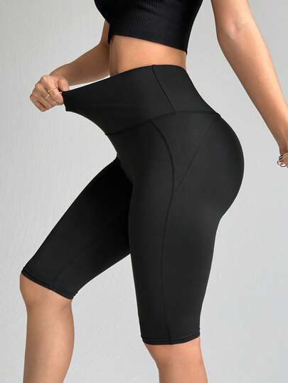 Easithlete Pantalones cortos deportivos de cintura alta de unicolor sin costuras para mujer