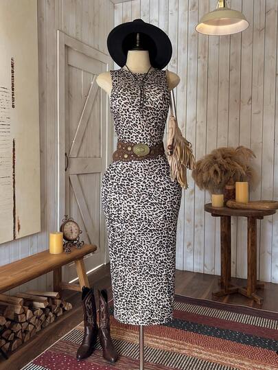 Wildy Leopard Print Knitted Sleeveless Bodycon Dress For Women,Summer Dresses For Women