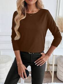 EMERY ROSE Women's Elegant Commuter Solid Color Lace Patchwork T-Shirt, Autumn