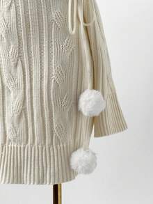 Sunspun Plus Size Autumn/Winter Sexy Off-Shoulder Cable Knit Texture Bodycon Pom Pom Decor Tie-Up Fitted Long Sleeve Sweater Dress - White - View 5