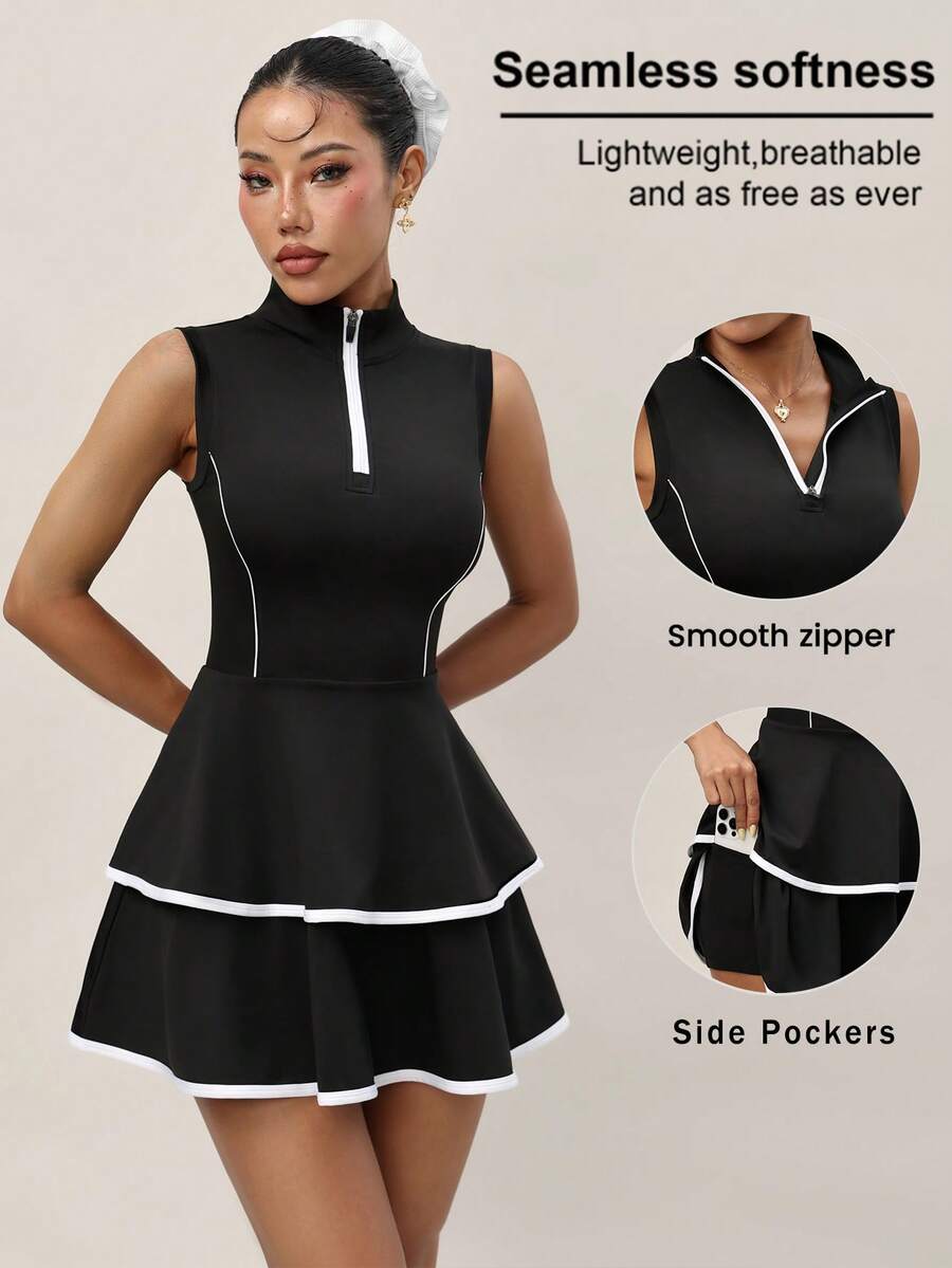 Dewbera 女士拉链前开襟荷叶边下摆无袖运动连衣裙 - 黑色 - 查看 1