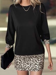 SHEIN PETITE Women's Solid Color & Leopard Print Patchwork Long Sleeve Mini Dress - Black - View 7