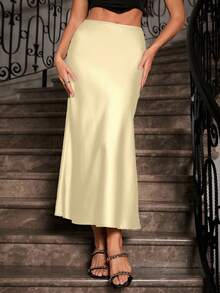 Glamine 女士纯色美人鱼款长裙，缎面裙，优雅中长裙，适合女士参加派对和日常穿着 - 淡黃色 - 查看 4