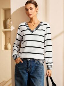Lymera Women's Fashionable Casual Elegant New V-Neck Black And White Ribbed Jacquard Textured Long Sleeve Sweatshirt Tops, Black & White, Fall Autumn/Winter For Party Graduation Going Out New Year Christmas Thanksgiving Work Office Commuting Occasions - Multicolor - View 1