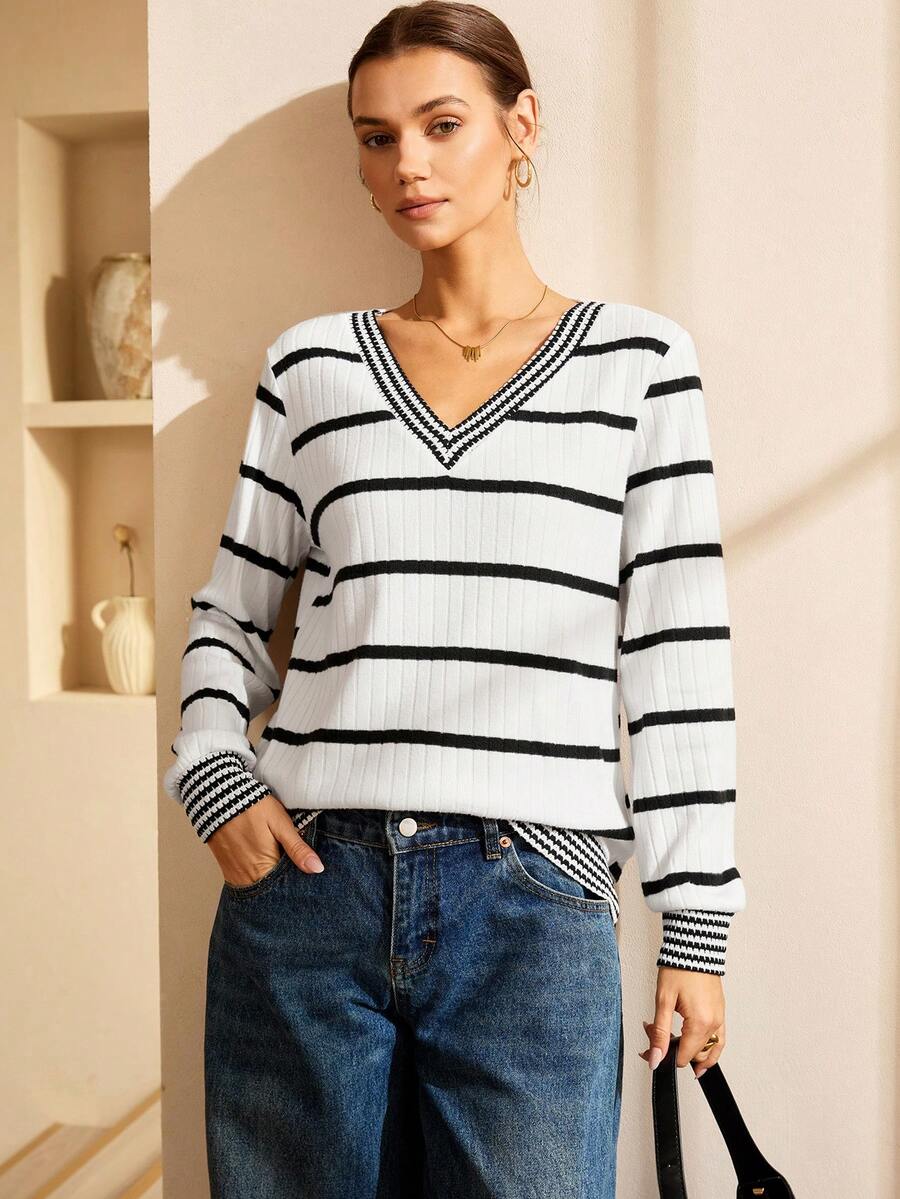 Lymera Women's Fashionable Casual Elegant New V-Neck Black And White Ribbed Jacquard Textured Long Sleeve Sweatshirt Tops, Black & White, Fall Autumn/Winter For Party Graduation Going Out New Year Christmas Thanksgiving Work Office Commuting Occasions - Multicolor - View 1