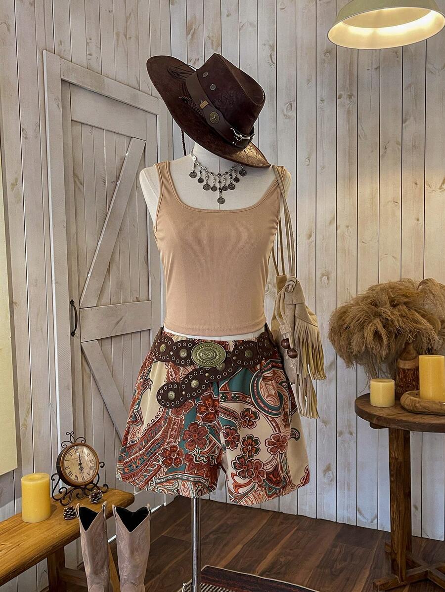 Wildy Women's Solid Ribbed Tank Top And Allover Print Belted Shorts Summer Two Pieces Set, Leisure Holiday Style,Vacation Outfits Woman - Multicolor - View 1