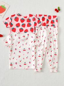 Cozy Pixies 4件套女婴贴身睡衣套装，卡通草莓印花，柔软针织圆领长袖上衣和松紧腰长裤