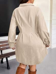 SHEIN VCAY Plus Size Autumn/Winter Waist Cinched Cardigan Style Casual Vintage Dress - Apricot - View 2