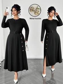 SHEIN Elenzya 优雅秋季大码女式针织连衣裙 - 黑色 - 查看 1