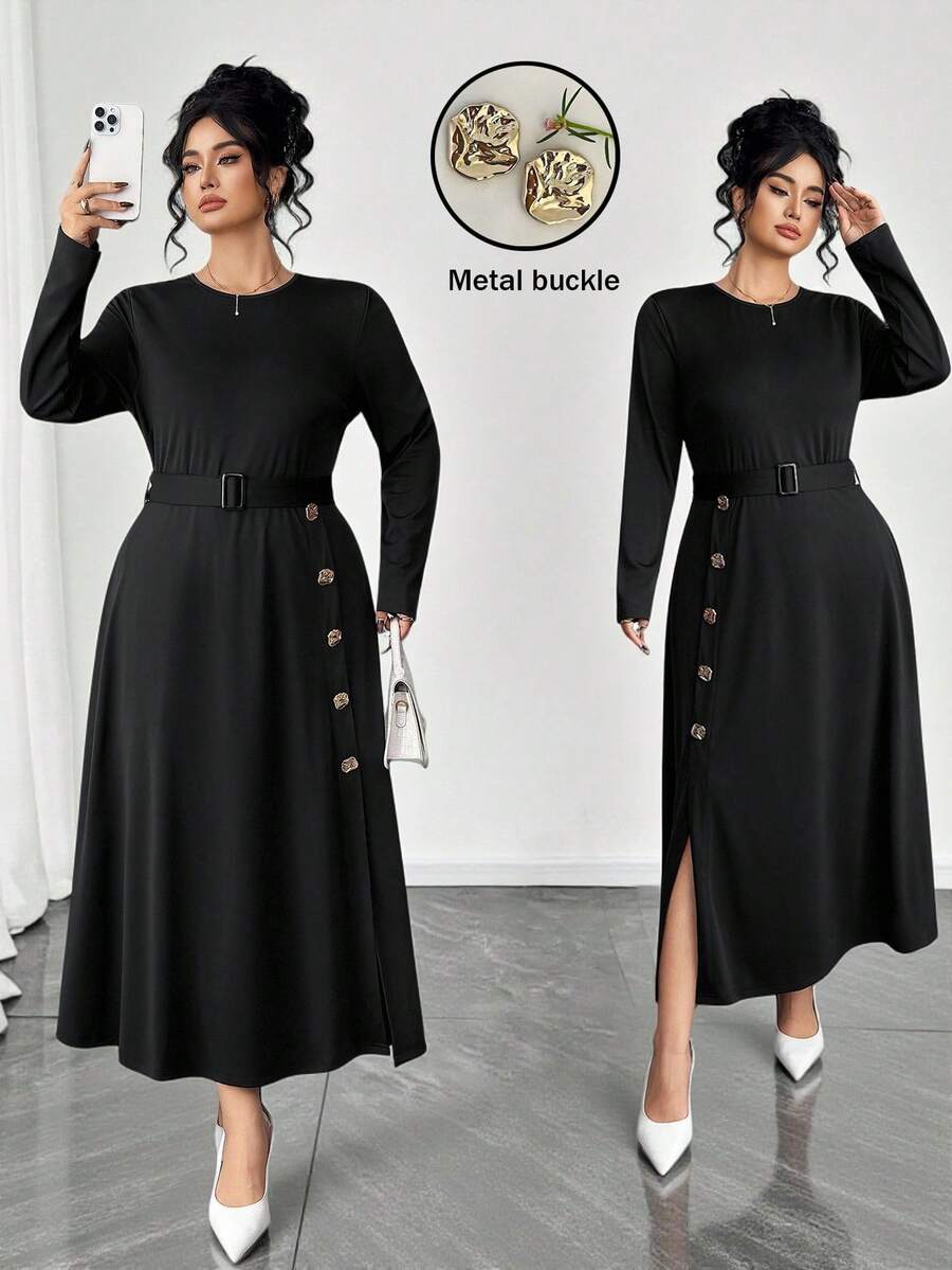 SHEIN Elenzya 优雅秋季大码女式针织连衣裙 - 黑色 - 查看 1