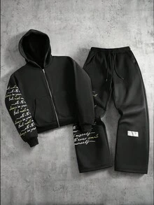 PAVTROS Bộ đồ thể thao nam gồm áo hoodie in khẩu hiệu, khóa kéo phía trước và quần nỉ có dây rút ở eo, màu đen, hai mảnh. Bộ đồ thể thao nam phối hợp, bộ 2 mảnh, bộ quần jogger nam, bộ đồ thể thao phong cách Y2K. - màu đen - Xem 4