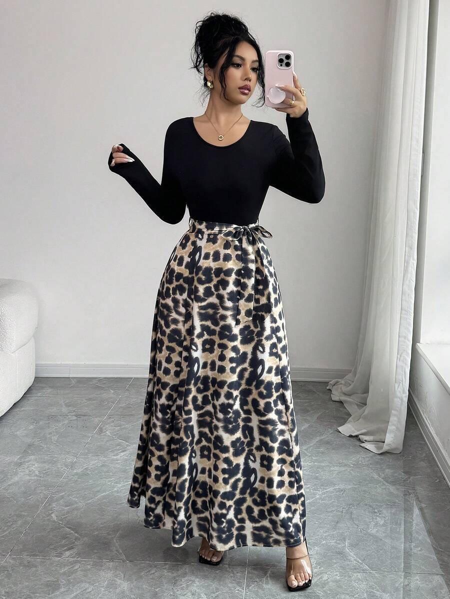 Rafferiza Vestido de manga larga con estampado de leopardo, cintura ceñida, acampanado, elegante, para primavera/otoño - Multicolor - View 1