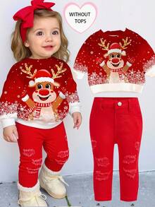 Baby Cute GirlRed Denim Ripped Skinny Jeans,Fall Clothes,Winter Clothing ,Casual And Fashionable Vacation Outfits,Girl Black Denim Jeans,Girl Christmas Jeans,Children's Party Outfits, - Red - View 1