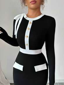 SHEIN PETITE Women's Elegant Color Block Round Neck Long Sleeve Bow Decor Front Button Fitted Dress - Black and White - View 3