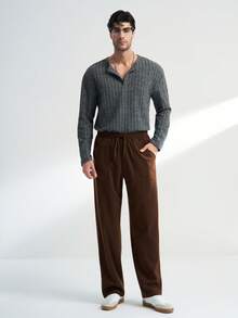 Manfinity Dauomo Men's Solid Color Drawstring Waist Pockets Straight Leg Casual Pants - Brown - View 5