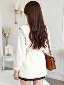 SHEIN Sparklyn Quần áo cho bé gái tuổi teen Áo khoác ngoài phong cách ngọt ngào và nữ tính Có thắt lưng quanh eo Thắt lưng làm thon eo và khiến người mặc trông thon gọn hơn Quần áo cắt may tinh tế Thích hợp cho việc đi lại hàng ngày và mua sắm - trắng - Xem 2