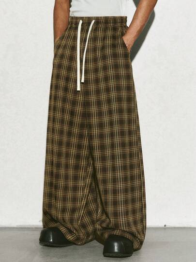 PAVTROS Pantalones anchos casuales de estilo callejero con cordón y bolsillos, estilo popular INS, ropa de calle para hombres, pantalones holgados a cuadros de pierna ancha, regalo de novio, pantalones anchos, pantalones a cuadros, pantalones anchos para hombres