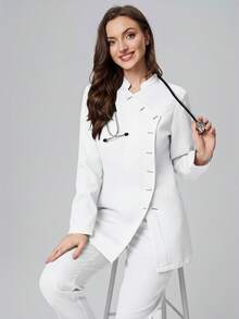 Scrubzie 2pcs Anti-Wrinkle Collared Long Sleeve Women's Scrub Uniform Top And Pants Set - White - View 6