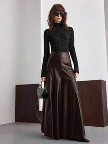 Ontre Women's High Waist Leather Flared Skirt, Suitable For Urban Commute, Business Casual, Office Wear, Teacher Attire, Elegant Occasions, Christmas, New Year Party, Wedding Guest, Autumn/Winter - Brown - View 3