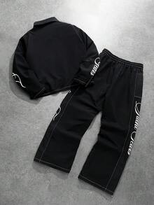 PAVTROS 2pcs Men's Fashionable, Outfit Set: Box Zipper Collar Long Sleeve Shirt, Elastic Waist Pants With Slit Hem Design, Minimalist Luxe Set, Lightweight Sporty Style, Fashionable, Energetic, Casual, Personalized, Daily Wear, Party, Travel, Holiday Gift,Men's,Baggy,Best,Boyfriend,Summer,Vacation,Y2k,Retro,Friends - Black - View 2