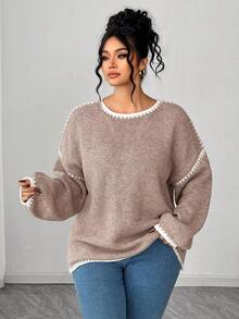 Elenzga Plus Size Casual Loose Pullover Sweater, Cozy Long Sleeve, Durable, Autumn/Winter - Khaki - View 3