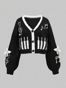 ROMWE Kawaii Áo khoác len cardigan tay dài cài nút họa tiết nốt nhạc mùa thu dành cho nữ - màu đen - Xem 1