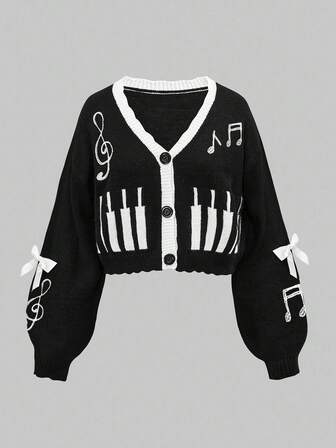 Kawaii Cardigan a maglia a manica lunga con fiocco e motivo a note musicali, monopetto, da donna, per l'autunno