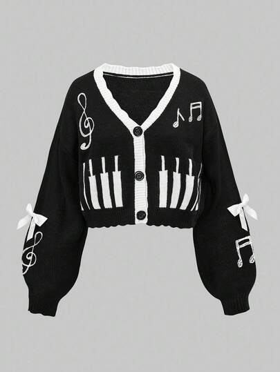ROMWE Kawaii Women's Autumn Musical Note Pattern Bow Decor Long Sleeve Single-Breasted Knit Cardigan