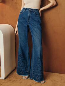 Anewsta Women's Fashion Casual Hollow Embroidered Washed Flare Jeans - Dark Wash - View 5