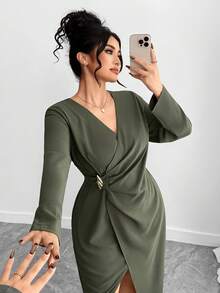 Elenzga Váy xẻ tà cổ chữ V màu trơn thanh lịch cỡ lớn cho nữ - xanh quân đội - Xem 4