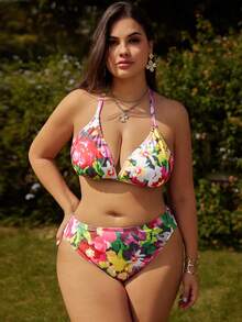Swim Vcay Plus Size Floral Print Mesh Round Neck Short Sleeve Top,Mesh Mini Skirt,Halter Bikini Set,Pink,Summer,Boho,Beach,Holiday,Holiday 4-Piece Swimsuit - Multicolor - View 3