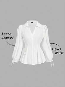 SHEIN MOD 女士加大码优雅长袖衬衫，修身腰带泡泡袖上衣，适合女性，修身剪裁，优雅气质，适合工作或休闲场合，秋季女装，条纹衬衫，修身衬衫，女士衬衫，工作衬衫，休闲工作上衣 - 白色 - 查看 7