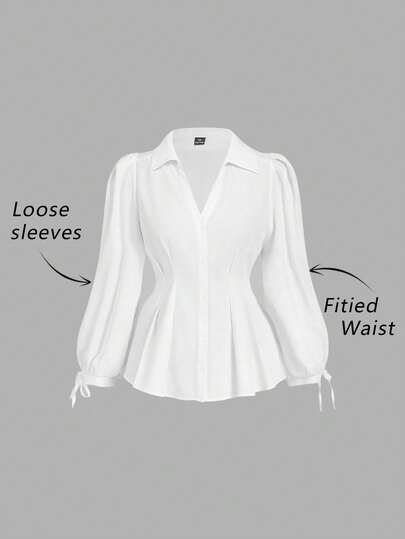SHEIN MOD Women's Plus Size Elegant Long Sleeve Shirt, Fitted Waist Belt Puff Sleeve Blouse, Suitable For Women, Flattering Silhouette And Graceful Style, For Work Or Casual,Fall Clothes For Women, Striped Blouse, Fitted Blouse, Women Blouses And Shirts, Work Blouses, Casual Work Tops, Christmas ,White Top,Brown Dress For Women