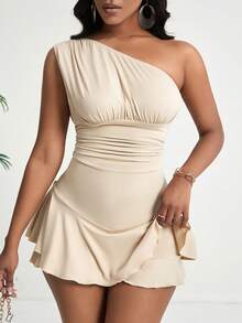 BamGleam 不對稱領口荷葉邊修飾女士緊身連身褲