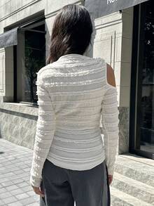 Chiquease Winter  Christmas  New Year  Party  Elegant Dress  Women's Jacquard Metallic Off-Shoulder Long Sleeve Knit Base Layer Top - Black - View 2