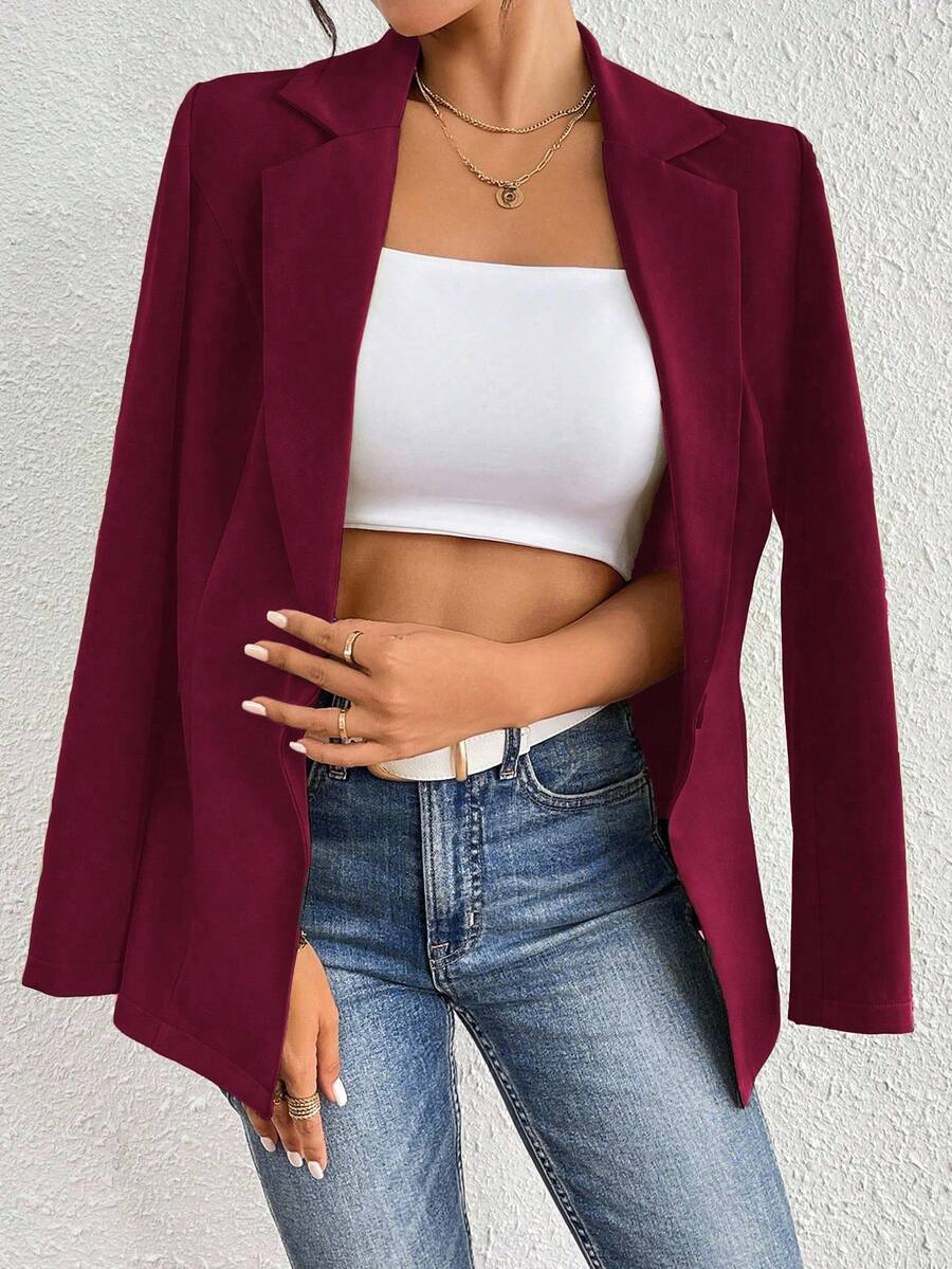 Rafferiza Solid Color Cinched Waist Blazer, Commuter Friendly Fall Cloth For Women - Burgundy - View 1
