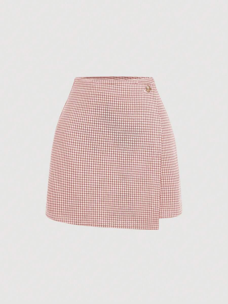 SHEIN MOD Minifalda de línea A con estampado de pata de gallo, falda de mujer para fiesta de vacaciones, Año Nuevo, vacaciones - Rosa Pálido - Ver 1