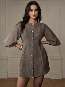 Aveloria Rosie 女士时尚灯笼袖人字纹针织连衣裙，优雅百搭 - 彩色 - 查看 4