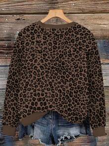 EMERY ROSE Women's Fashion Leopard Print Crew Neck Sweatshirt, Dropped Shoulder Casual Crew Neck Sweatshirt - Black - View 2