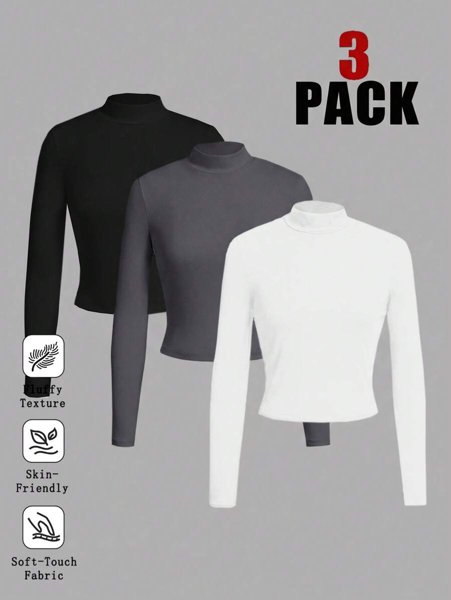 SHEIN EZwear 3pcs/Set Women's Black, Dark Grey, White T-Shirts, Suitable For Autumn/Winter,Fall,Fall Clothes For Women,Women's Winter Clothes