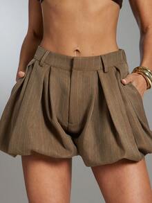 Denimoi Bubble Shape Striped Shorts Fashionable Shorts Bubble Shorts - Brown - View 1