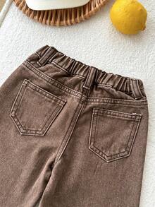 Baby Girls Loose Asymmetrical Waistband Brown Denim - Coffee Brown - View 8