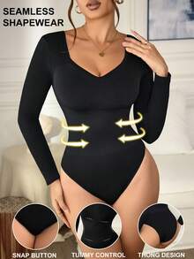 SHEIN Sports 1pc Seamless Ribbed High Elasticity Yoga Fitness Jumpsuit Long Sleeve Bodysuit