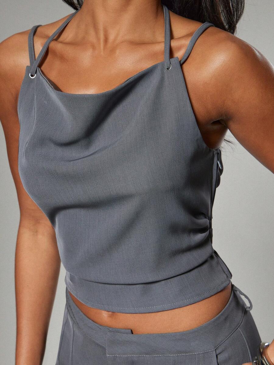 Hauture Women's Solid Color Halter Draped Casual Sleeveless Top - Grey - View 1